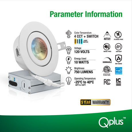 QPLUS 4 pulgadas Gimbal Empotrable Ajustable Multi Color Temperatura LED Pot Light (Temperatura de color cambiable por el interruptor de pared)