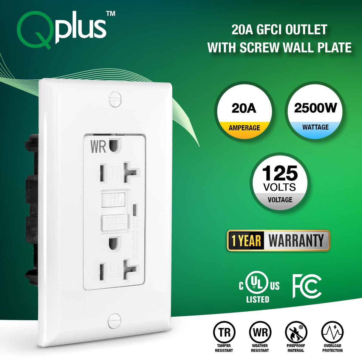 Tomacorriente GFCI QPlus de 20 amperios resistente a manipulaciones y al agua con indicador LED de 2500 W - Listado UL