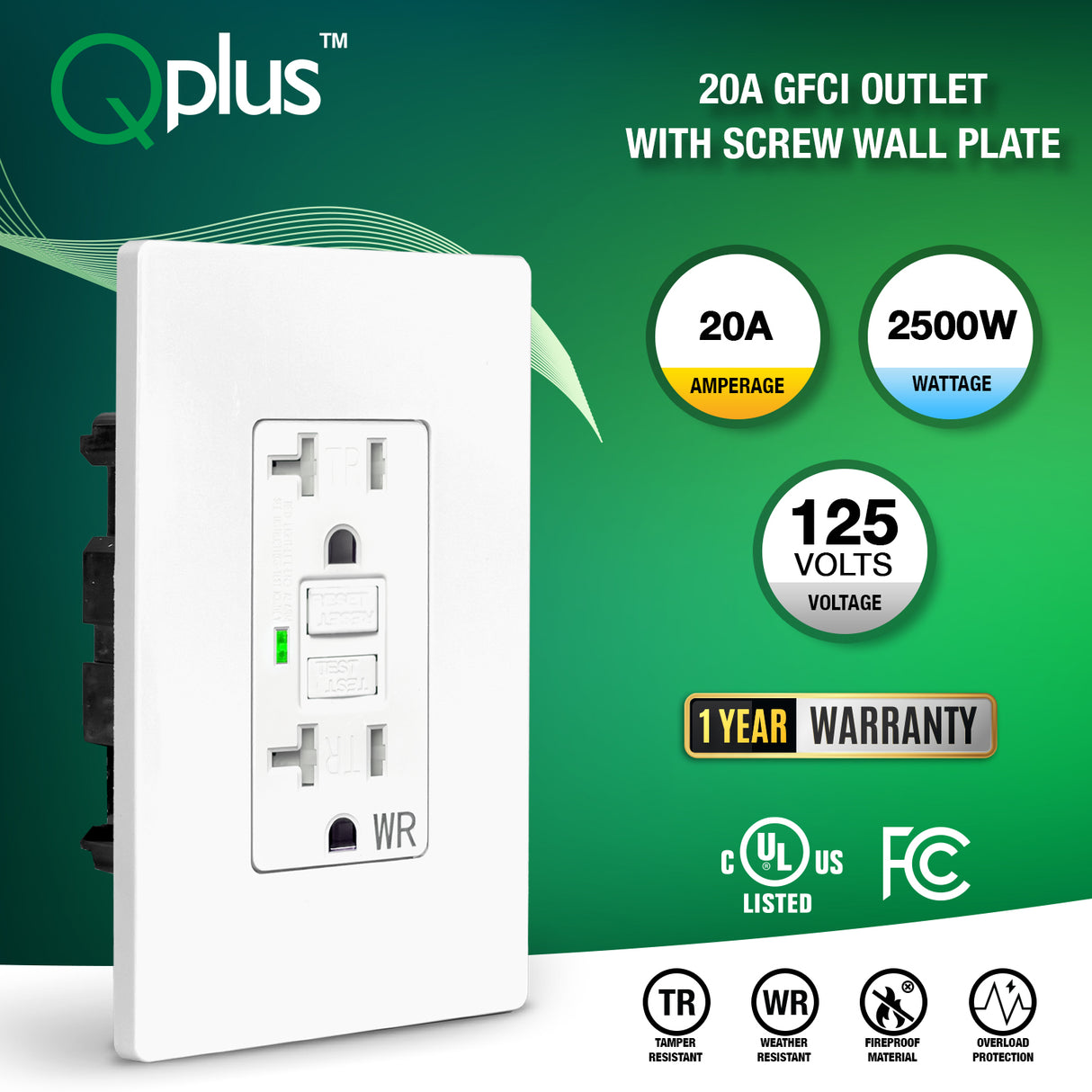Tomacorriente GFCI QPlus de 20 amperios resistente a manipulaciones y al agua con indicador LED de 2500 W - Listado UL