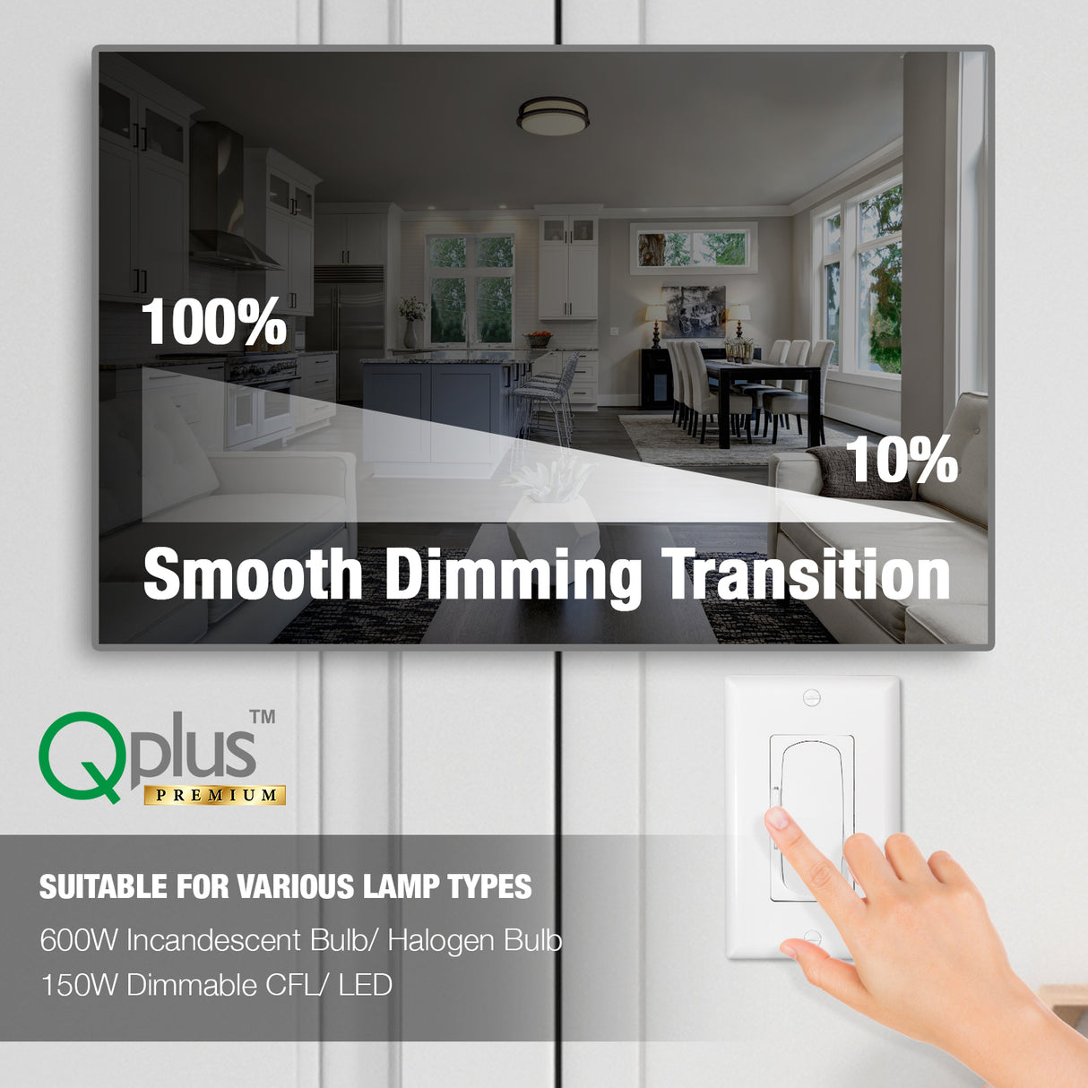 QPLUS Atenuador digital Triac premium, interruptor de luz regulable compatible con bombillas halógenas/incandescentes regulables y CFL/LED, unipolar o 3 vías con placa de tornillo