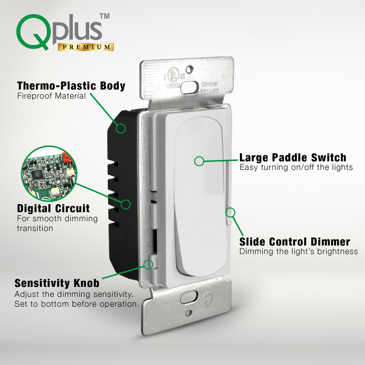 QPLUS Atenuador digital Triac premium, interruptor de luz regulable compatible con bombillas halógenas/incandescentes regulables y CFL/LED, unipolar o 3 vías con placa de tornillo