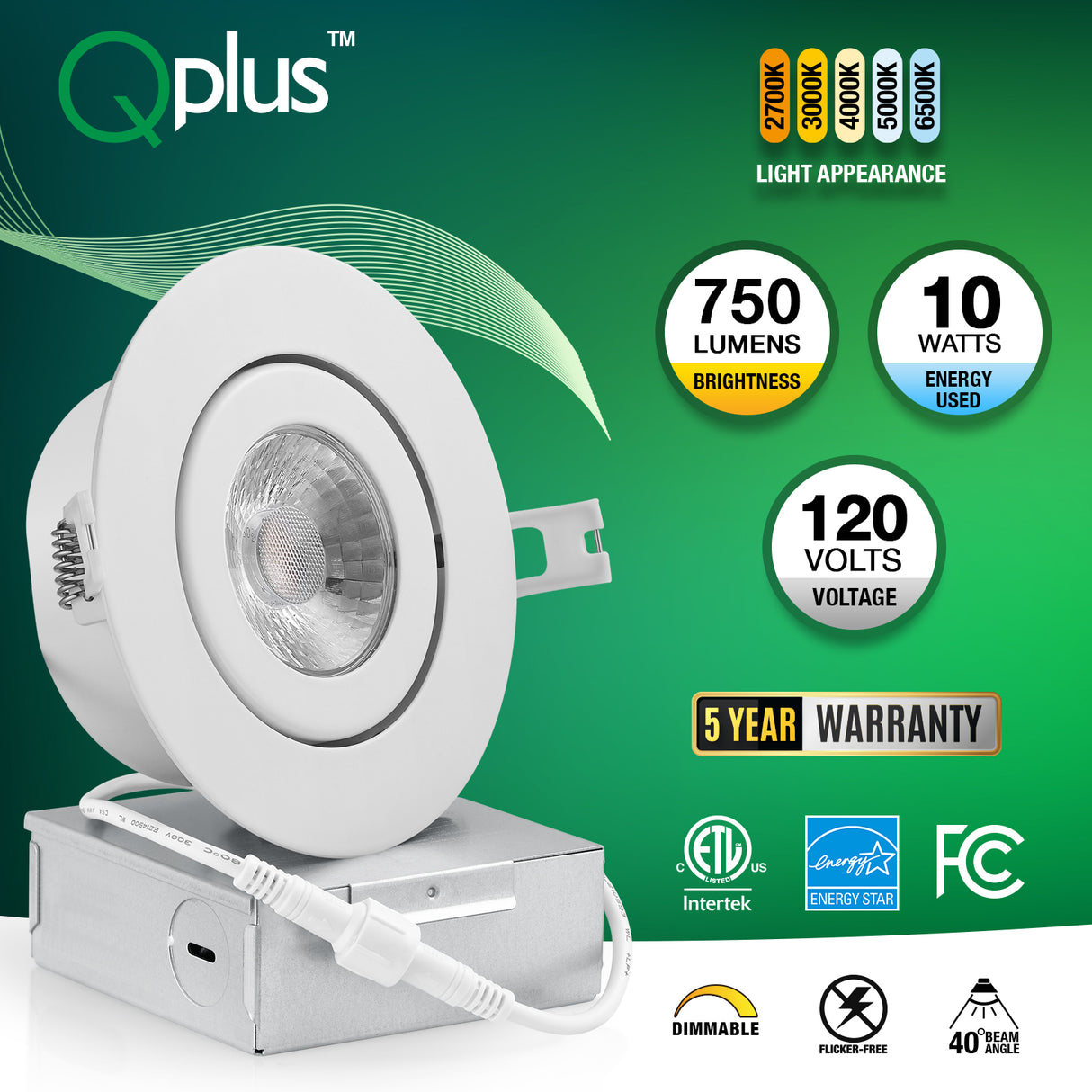 QPlus Luz LED empotrable tipo cardán hermético de 4 pulgadas con caja de conexiones de metal, 10 W, 750 lm, CCT único, regulable, certificación Energy Star, certificación ETL, clasificación IC, ubicación húmeda, 5 años de garantía