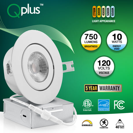 QPlus Luz LED empotrable tipo cardán hermético de 4 pulgadas con caja de conexiones de metal, 10 W, 750 lm, CCT único, regulable, certificación Energy Star, certificación ETL, clasificación IC, ubicación húmeda, 5 años de garantía