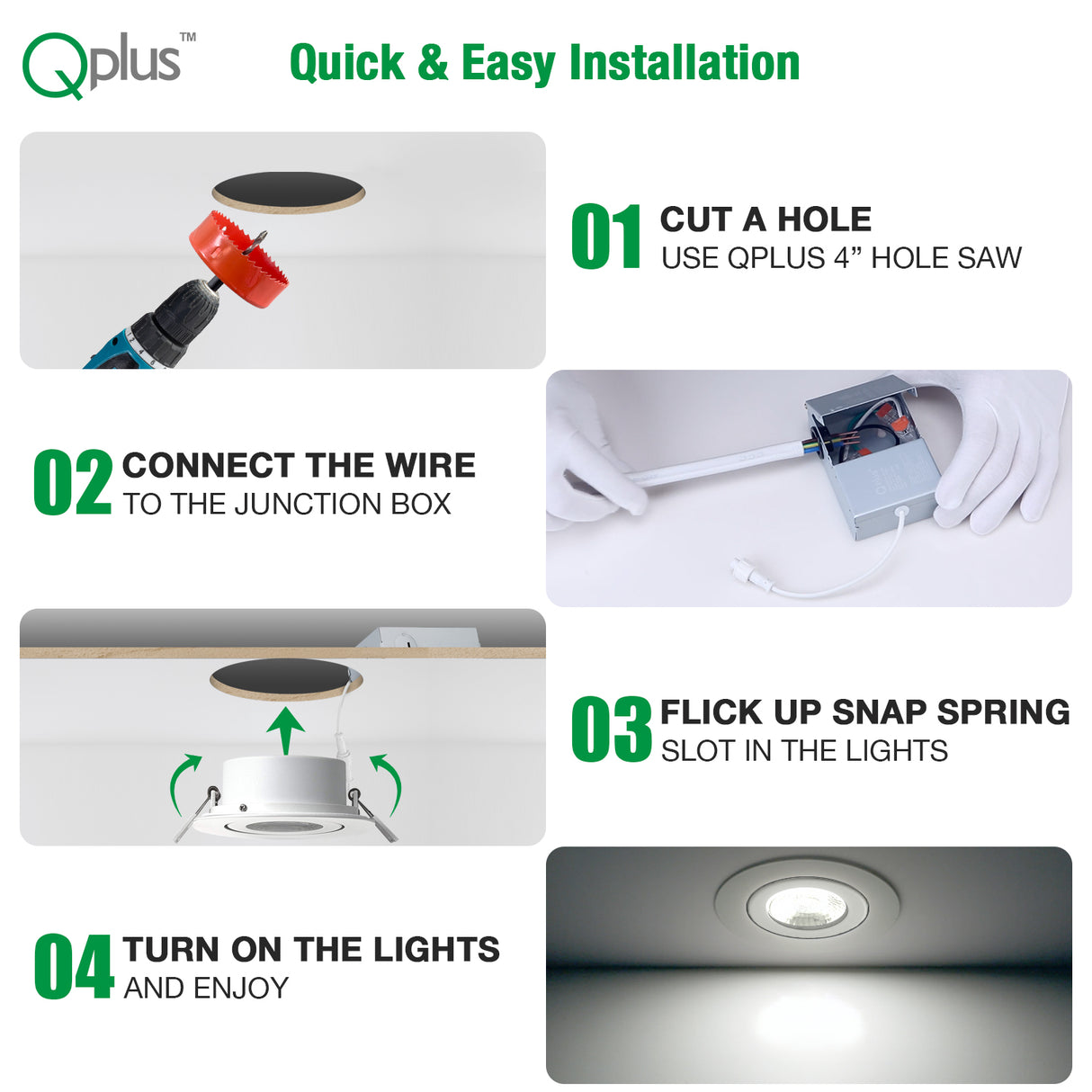 QPlus Luz LED empotrable tipo cardán hermético de 4 pulgadas con caja de conexiones de metal, 10 W, 750 lm, CCT único, regulable, certificación Energy Star, certificación ETL, clasificación IC, ubicación húmeda, 5 años de garantía