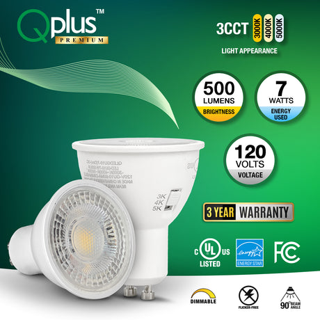 Bombilla LED para riel QPlus GU10, 7 W, 500 lm, 3 CCT (3000 K/4000 K/5000 K), ángulo de haz de 90°, regulable, certificación Energy Star, certificación UL, 3 años de garantía