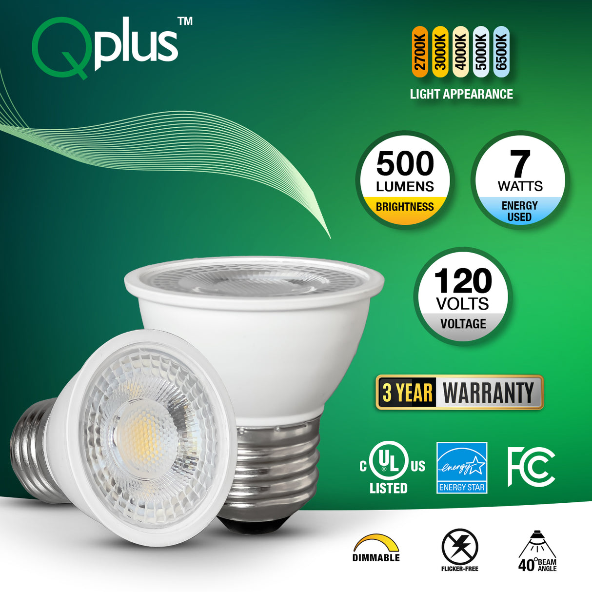Bombilla LED empotrable QPlus PAR16, 7 W, 500 lm, 1 CCT (2700 K/3000 K/4000 K/5000 K/6500 K), ángulo de haz de 40°, regulable, base de tornillo medio E26, cuello corto, certificación Energy Star, certificación UL, 3 años de garantía