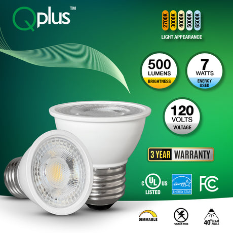 Bombilla LED empotrable QPlus PAR16, 7 W, 500 lm, 1 CCT (2700 K/3000 K/4000 K/5000 K/6500 K), ángulo de haz de 40°, regulable, base de tornillo medio E26, cuello corto, certificación Energy Star, certificación UL, 3 años de garantía
