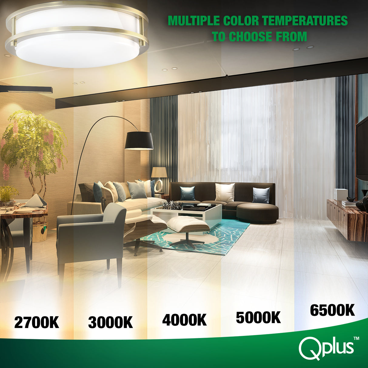 QPlus Luz de techo LED de montaje empotrado de 12 pulgadas, doble anillo 18 vatios 1200 lm, regulable en humedad