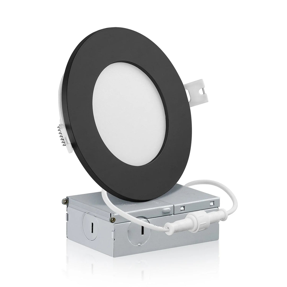 QPlus Luz LED empotrable delgada de 4 pulgadas con caja de conexiones de metal, 10 W, 750 lm, CCT único, regulable, certificación Energy Star, certificación ETL, clasificación IC, ubicación húmeda, 5 años de garantía, borde negro