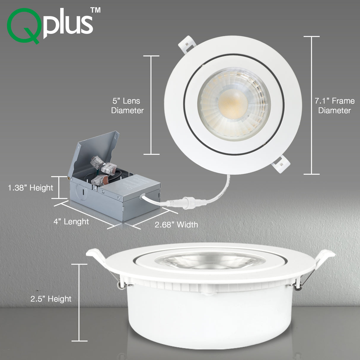 QPlus Luz LED empotrable tipo cardán hermético de 6 pulgadas con caja de conexiones de metal, 13 W, 1050 lm, CCT único, regulable, certificación Energy Star, certificación ETL, clasificación IC, ubicación húmeda, 5 años de garantía