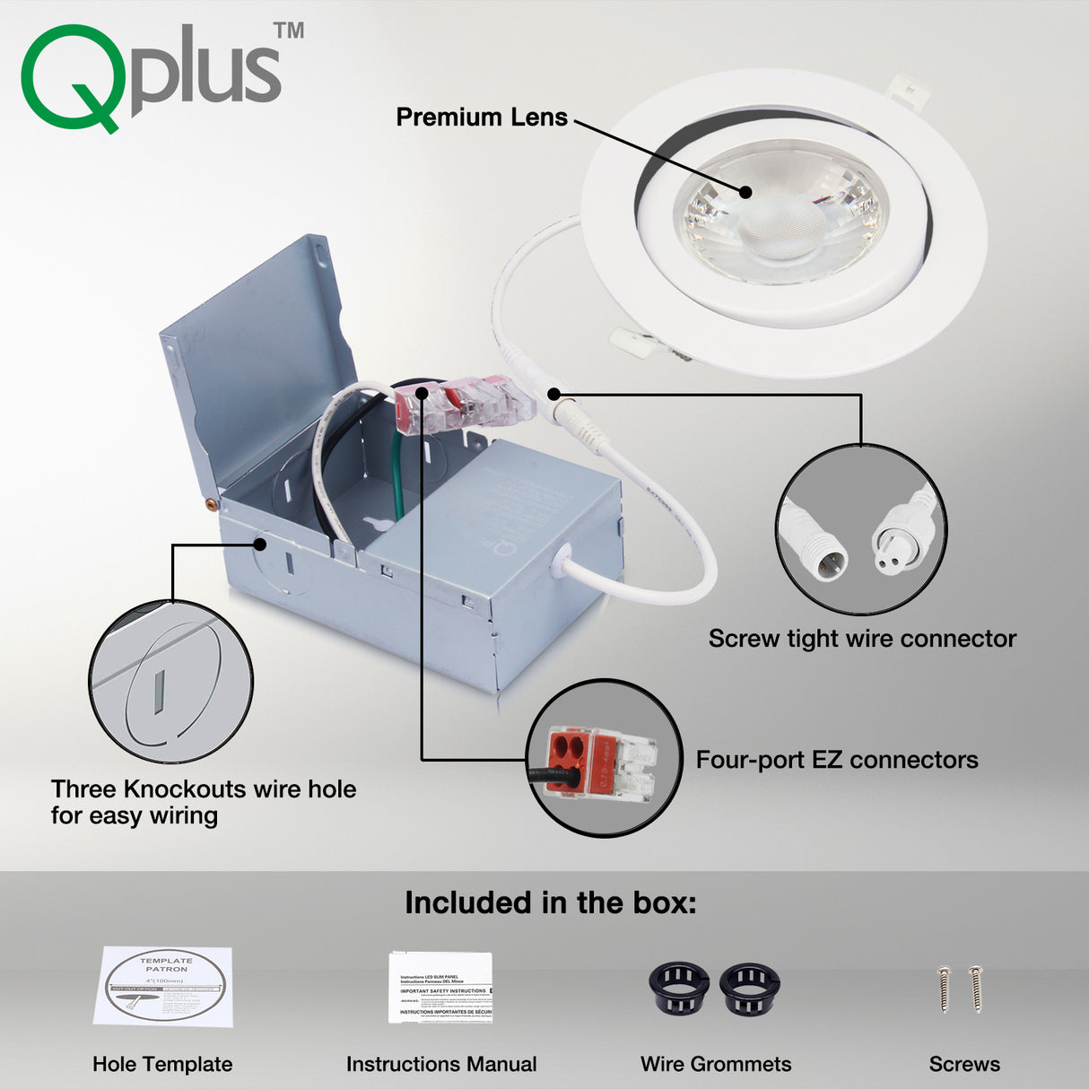 QPlus Luz LED empotrable tipo cardán hermético de 6 pulgadas con caja de conexiones de metal, 13 W, 1050 lm, CCT único, regulable, certificación Energy Star, certificación ETL, clasificación IC, ubicación húmeda, 5 años de garantía
