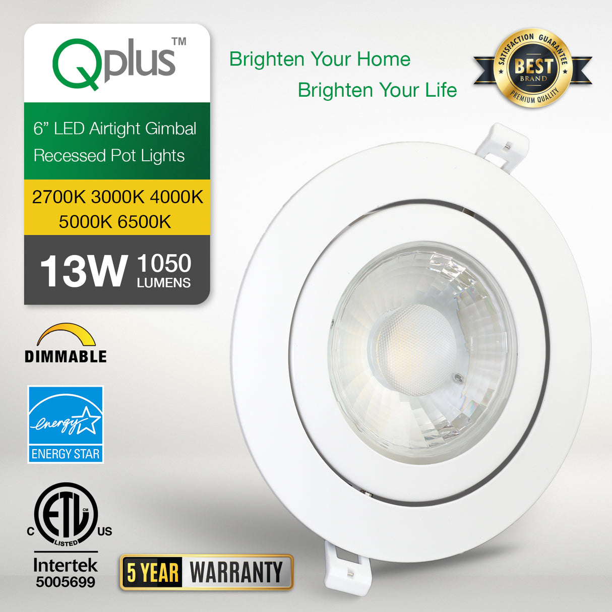 QPlus Luz LED empotrable tipo cardán hermético de 6 pulgadas con caja de conexiones de metal, 13 W, 1050 lm, CCT único, regulable, certificación Energy Star, certificación ETL, clasificación IC, ubicación húmeda, 5 años de garantía