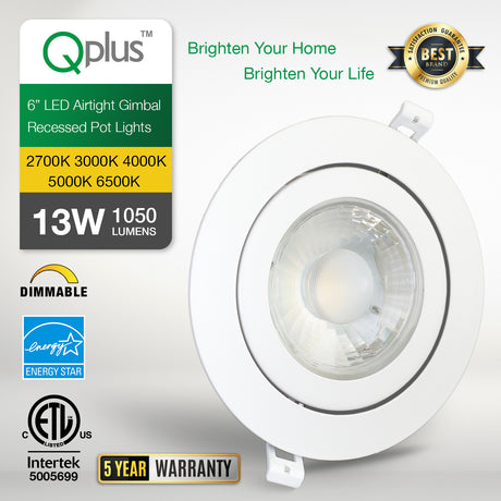 QPlus Luz LED empotrable tipo cardán hermético de 6 pulgadas con caja de conexiones de metal, 13 W, 1050 lm, CCT único, regulable, certificación Energy Star, certificación ETL, clasificación IC, ubicación húmeda, 5 años de garantía