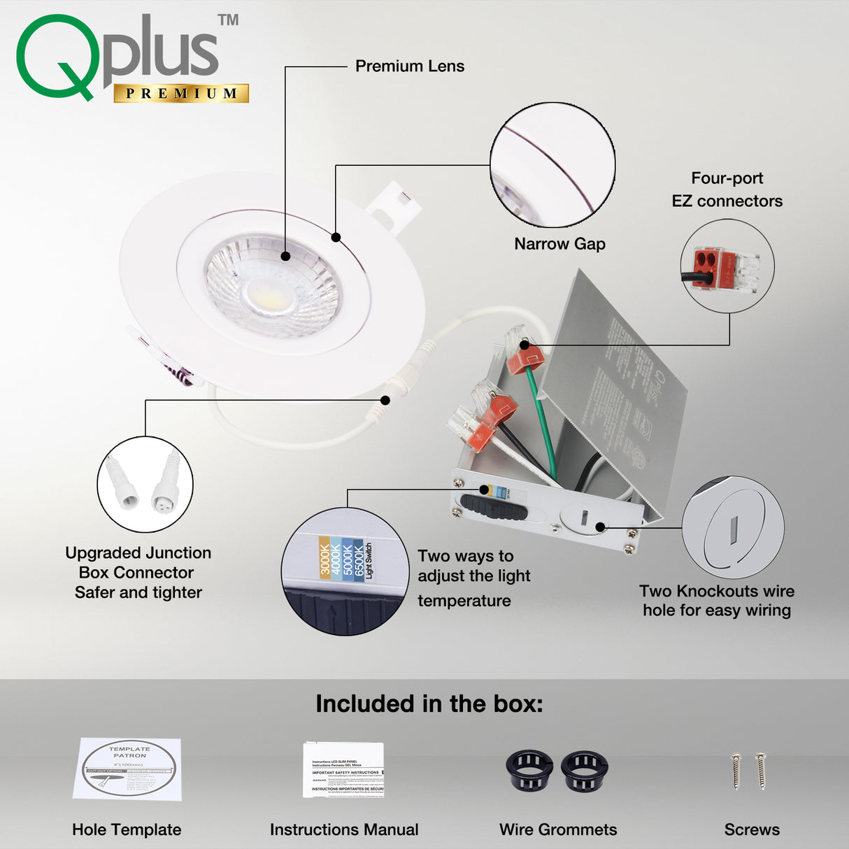 QPLUS 4 pulgadas Gimbal Empotrable Ajustable Multi Color Temperatura LED Pot Light (Temperatura de color cambiable por el interruptor de pared)