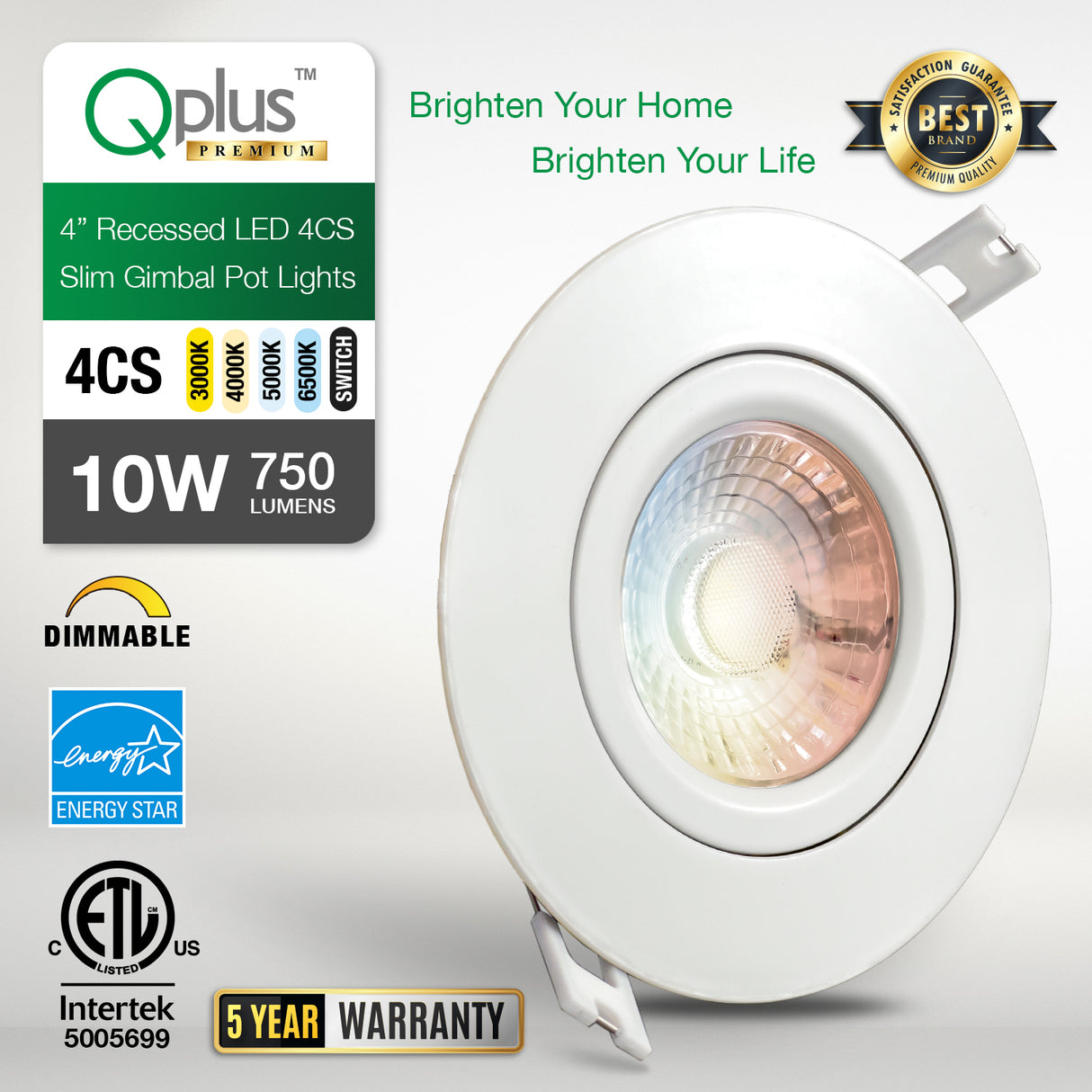 QPLUS 4 pulgadas Gimbal Empotrable Ajustable Multi Color Temperatura LED Pot Light (Temperatura de color cambiable por el interruptor de pared)