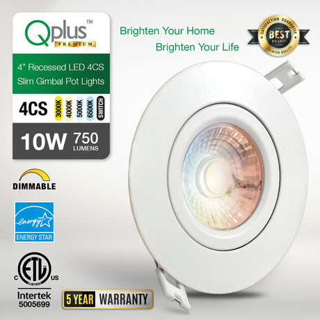QPLUS 4 pulgadas Gimbal Empotrable Ajustable Multi Color Temperatura LED Pot Light (Temperatura de color cambiable por el interruptor de pared)