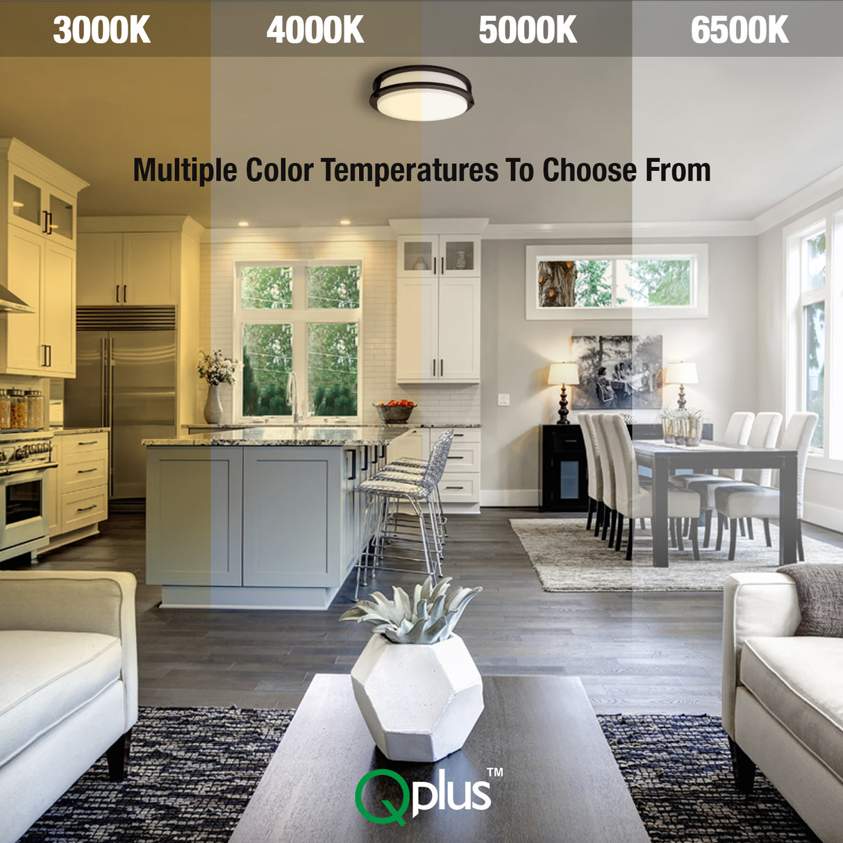 QPlus 15 Inch LED Flush Mount Ceiling Light, Double Ring 25 Watts 1750LM, Dimmable Damp Rated