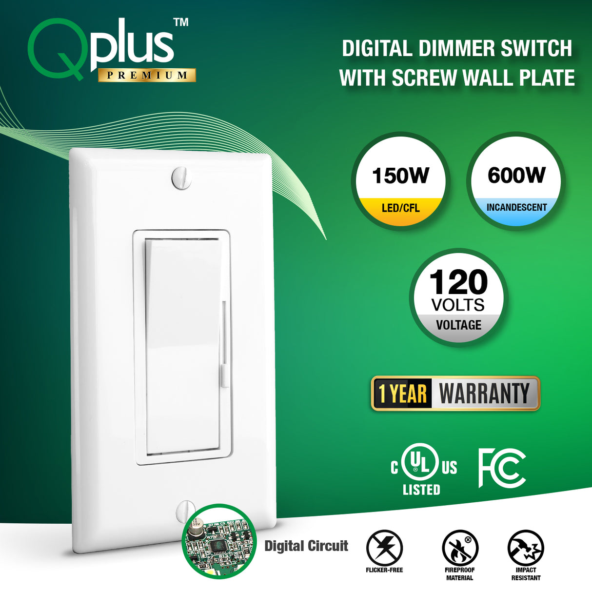 Interruptor atenuador QPlus Premium de 3 vías de segunda generación - Certificado cUL y FCC (circuito digital)