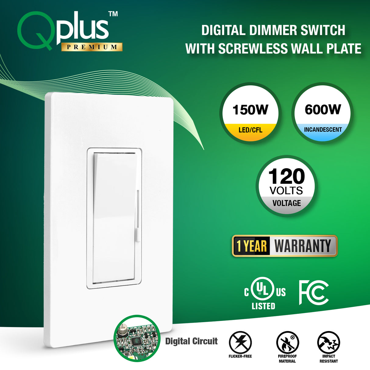 Interruptor atenuador QPlus Premium de 3 vías de segunda generación - Certificado cUL y FCC (circuito digital)