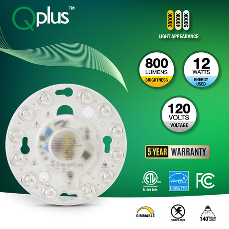 Panel de módulo circular LED QPlus, luz de repuesto, 4,1 pulgadas, 12 W, 800 lm, 1 CCT (3000 K/4000 K/5000 K), regulable, certificado Energy Star, listado ETL, 5 años de garantía