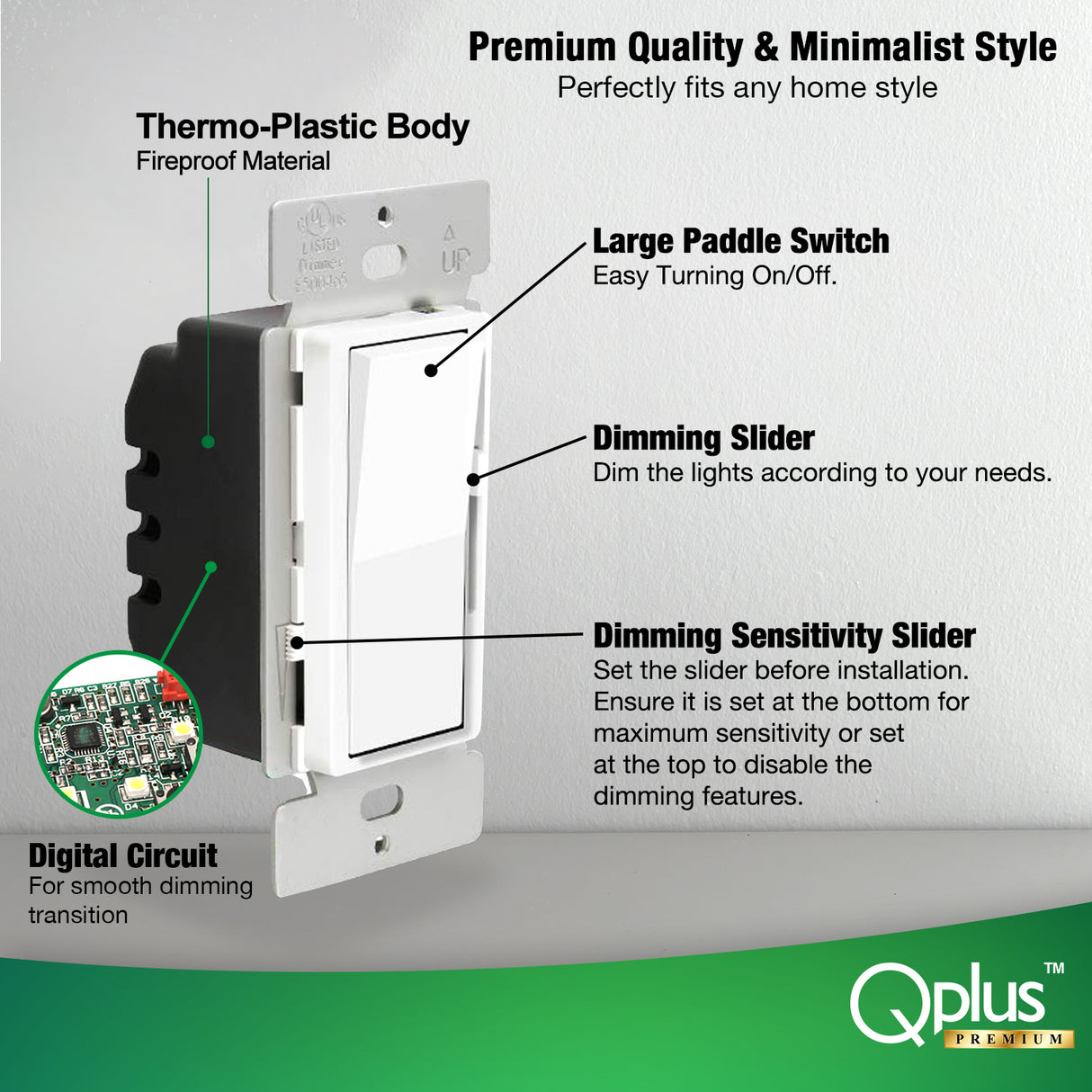 Interruptor atenuador QPlus Premium de 3 vías de segunda generación - Certificado cUL y FCC (circuito digital)