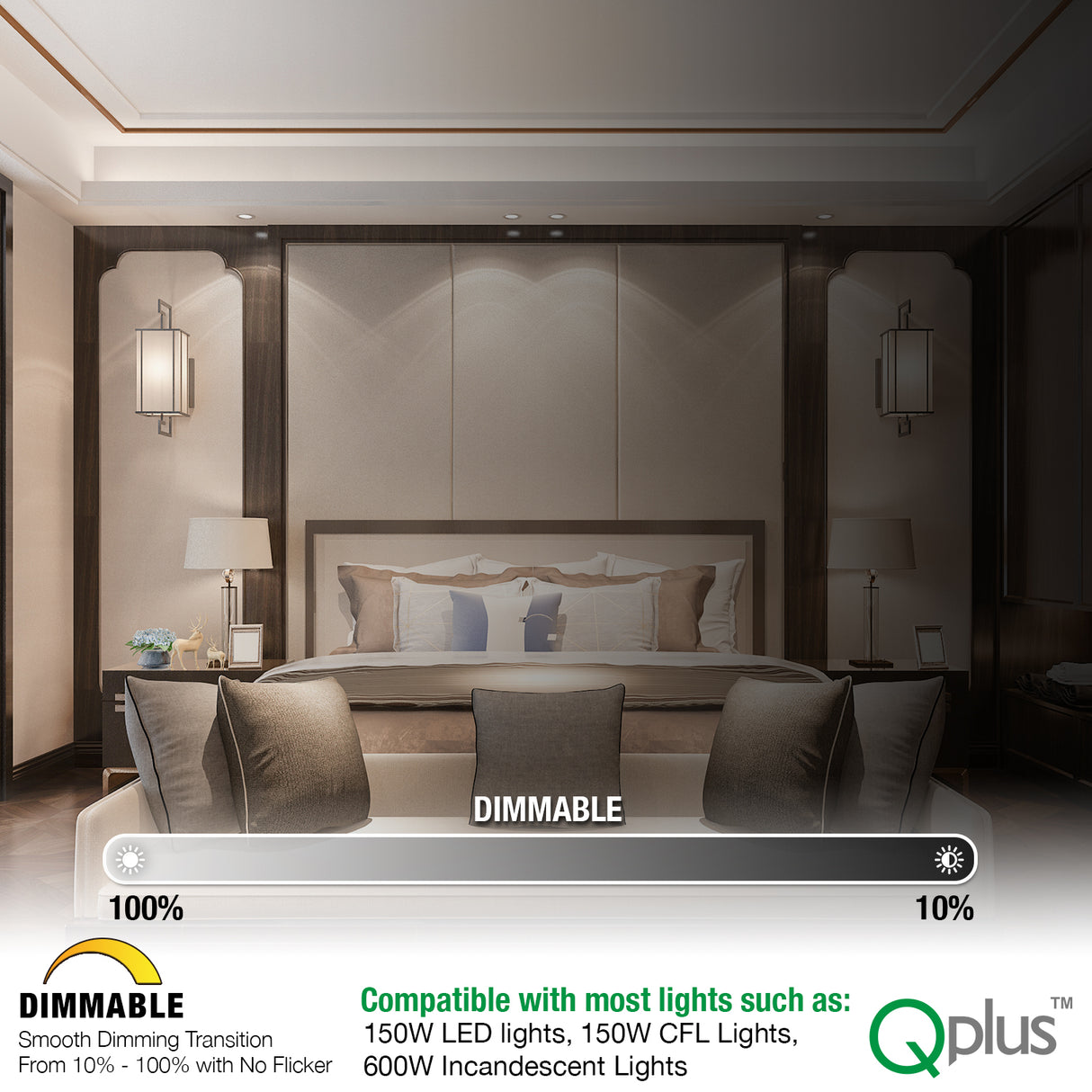 Interruptor de atenuación QPlus LED de 3 vías con placa de pared - Certificación cUL y FCC