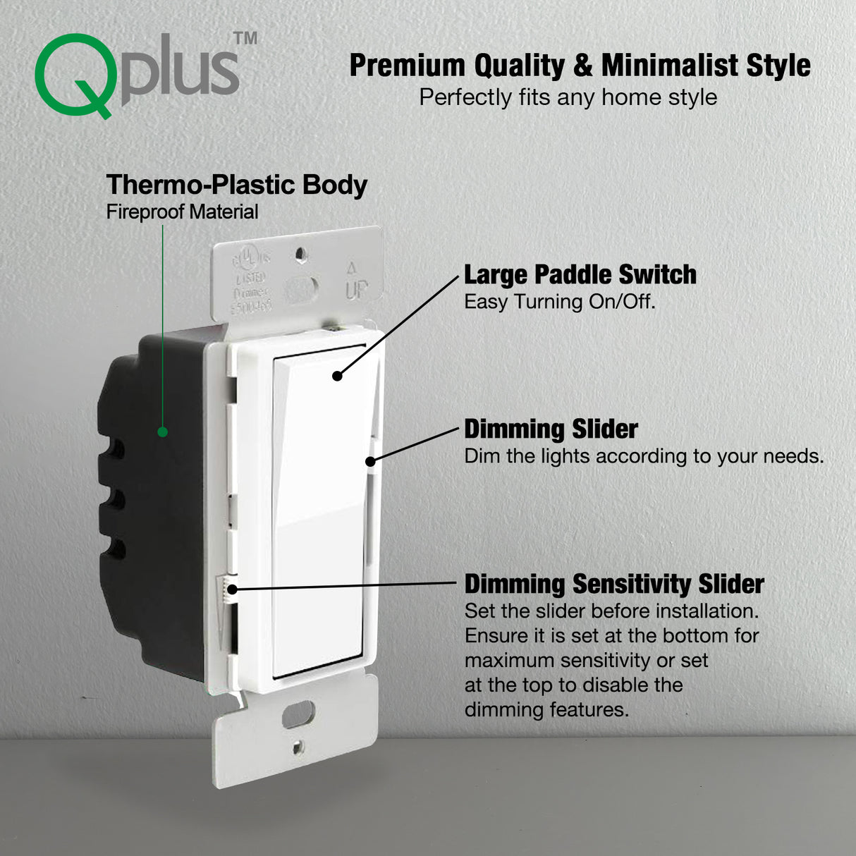 Interruptor de atenuación QPlus LED de 3 vías con placa de pared - Certificación cUL y FCC