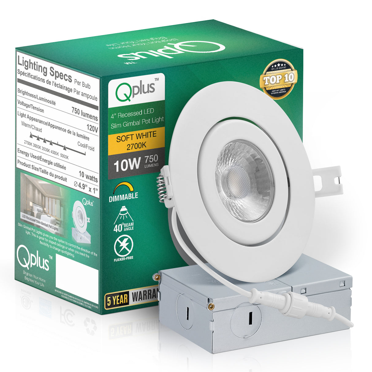 QPlus Luz LED empotrable Gimbal de 4 pulgadas con caja de conexiones de metal, 10 W, 750 lm, CCT único, regulable, certificación Energy Star, certificación ETL, clasificación IC, ubicación húmeda, 5 años de garantía