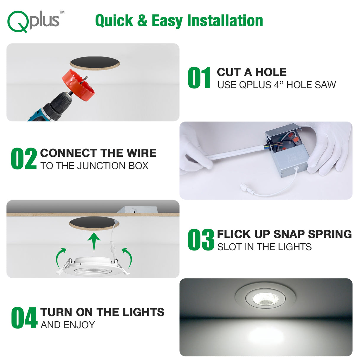 QPlus Luz LED empotrable Gimbal de 4 pulgadas con caja de conexiones de metal, 10 W, 750 lm, CCT único, regulable, certificación Energy Star, certificación ETL, clasificación IC, ubicación húmeda, 5 años de garantía