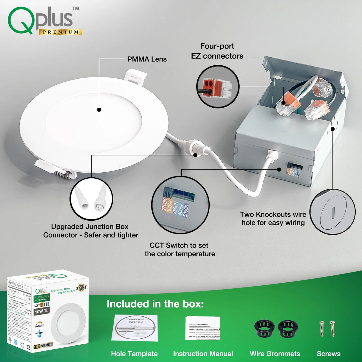 4 Inch Recessed LED Lighting, Slim, 5CCT Color Selectable, Wet Rated with EZ (4 port) Connector