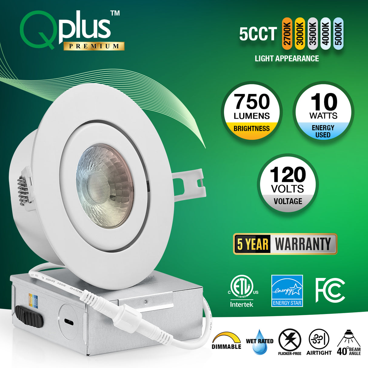 QPLUS 4 pulgadas Gimbal Empotrable Ajustable Multi Color Temperatura LED Pot Light (Temperatura de color cambiable por el interruptor de pared)