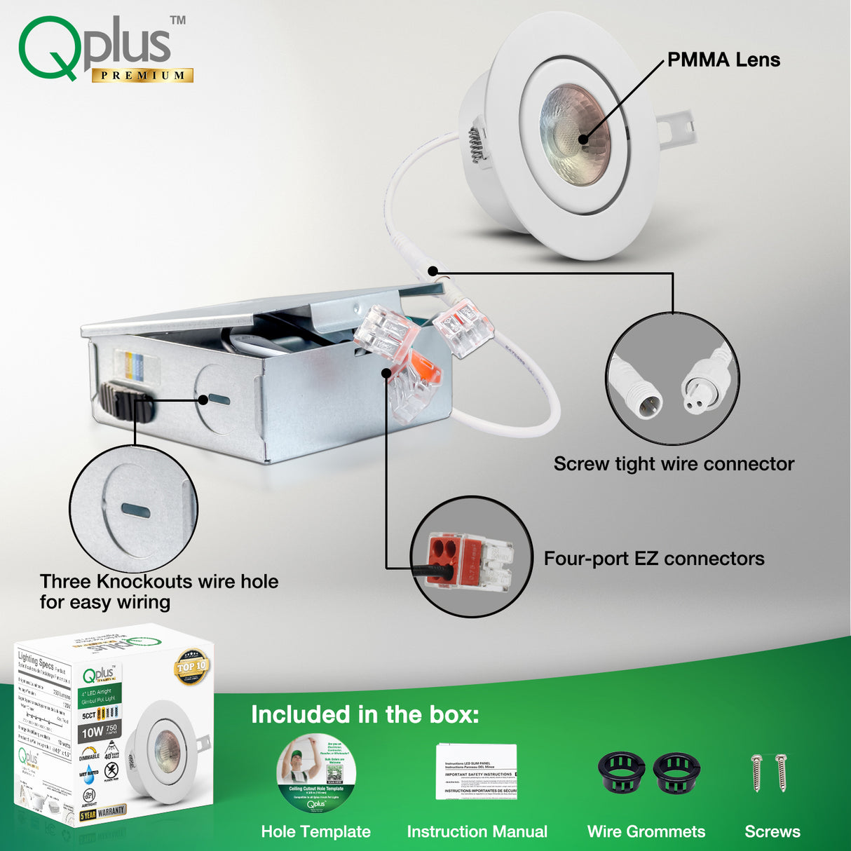 QPLUS 4 pulgadas Gimbal Empotrable Ajustable Multi Color Temperatura LED Pot Light (Temperatura de color cambiable por el interruptor de pared)