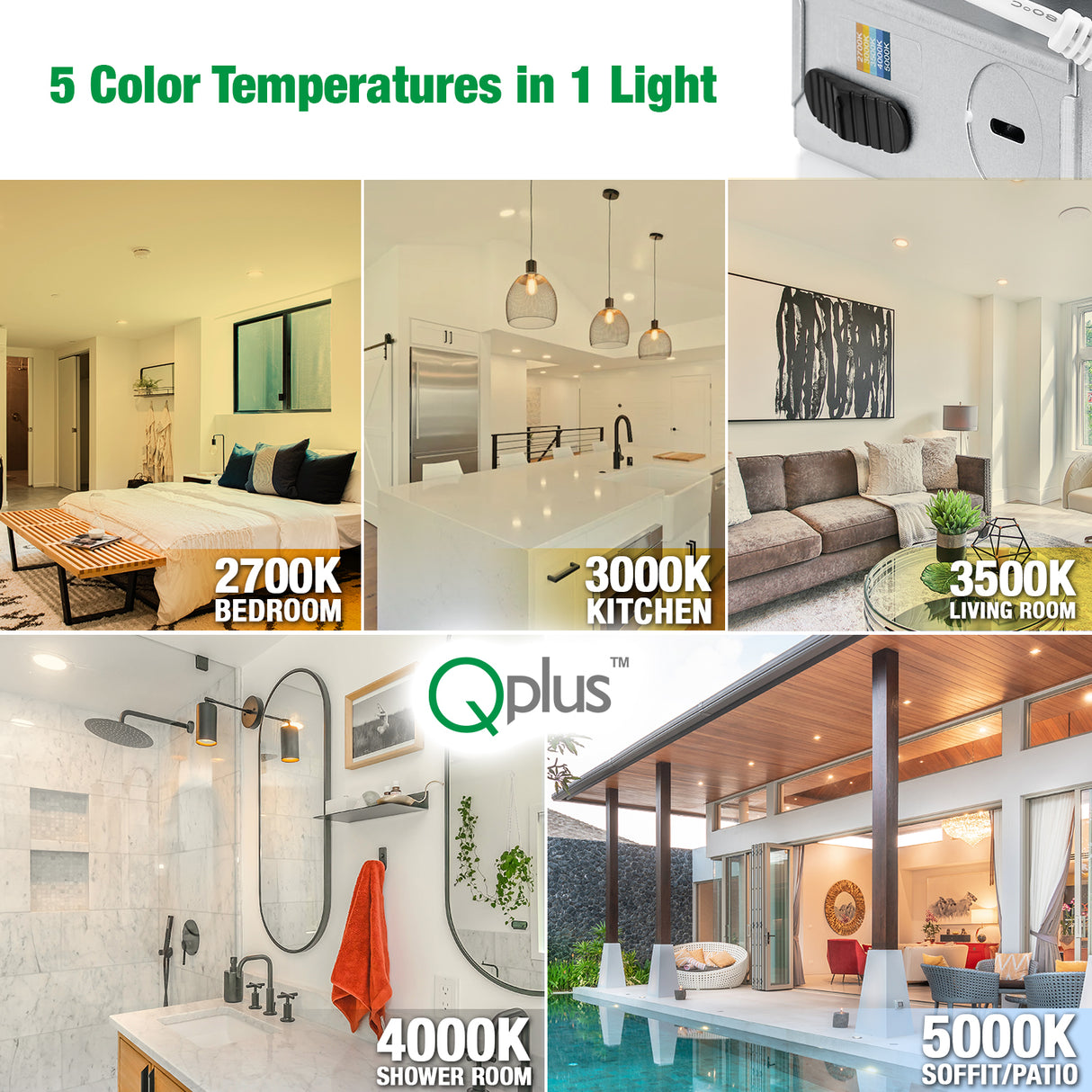 QPLUS 4 pulgadas Gimbal Empotrable Ajustable Multi Color Temperatura LED Pot Light (Temperatura de color cambiable por el interruptor de pared)