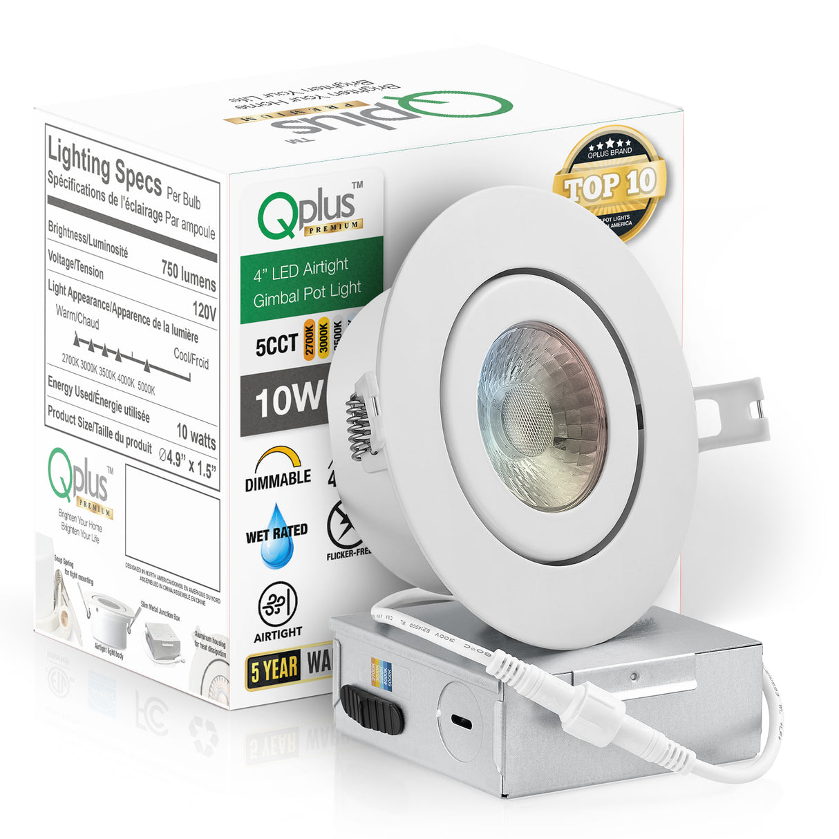 QPLUS 4 pulgadas Gimbal Empotrable Ajustable Multi Color Temperatura LED Pot Light (Temperatura de color cambiable por el interruptor de pared)