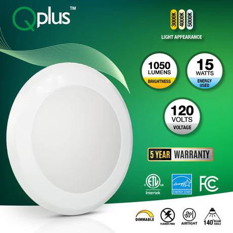 QPlus Luz de disco de techo regulable LED redonda de 7,5 pulgadas 15 W/1050 lúmenes