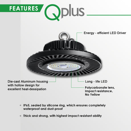 QPlus High Bay LED Light UFO 5000K 100W, 150W y 200 Watts - 100/277 Voltios