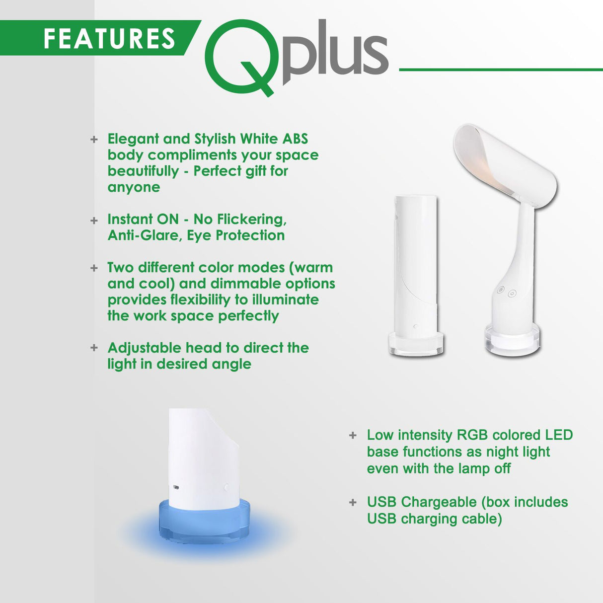 Lámpara de mesa cilíndrica recargable QPlus para sala de estudio - 2 modos de color y base de luz colorida
