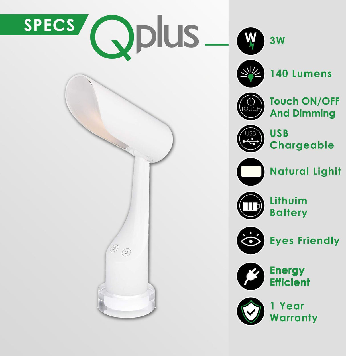 Lámpara de mesa cilíndrica recargable QPlus para sala de estudio - 2 modos de color y base de luz colorida