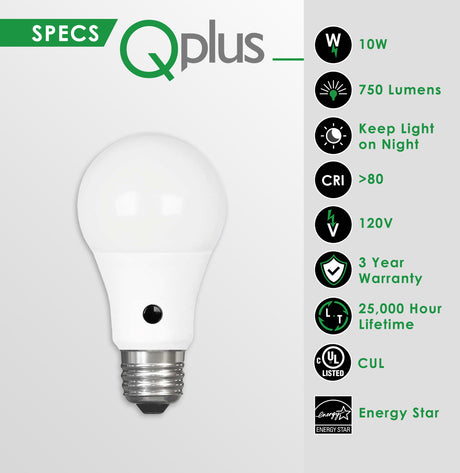 Bombilla LED con fotocélula QPlus A19, 10 W, 750 lm, 1 CCT (3000 K/4000 K/5000 K), no regulable, sensor de atardecer a amanecer, base de tornillo medio E26, certificación Energy Star, certificación UL, 3 años de garantía
