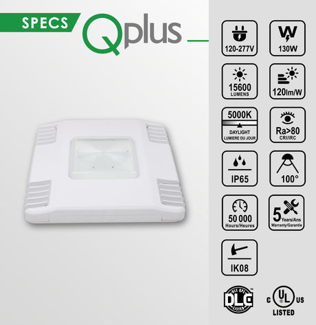 QPLUS Gasolinera LED Canopy Light - 5000K Luz diurna - IP65 /cULus 130 Watts/14528 Lúmenes