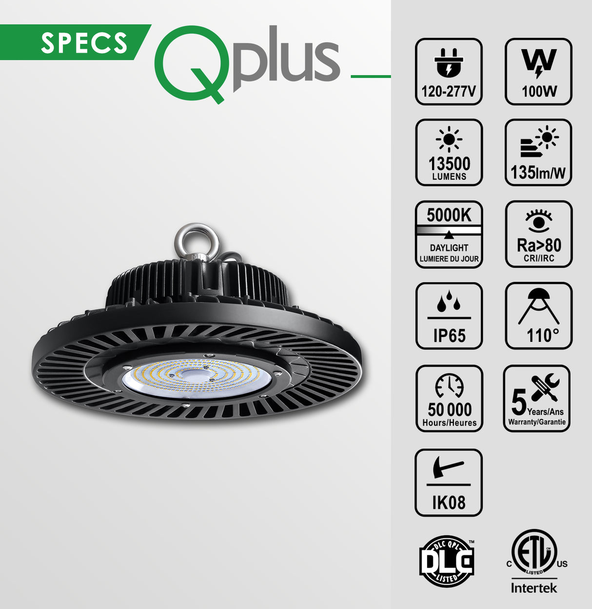QPlus High Bay LED Light UFO 5000K 100W, 150W y 200 Watts - 100/277 Voltios