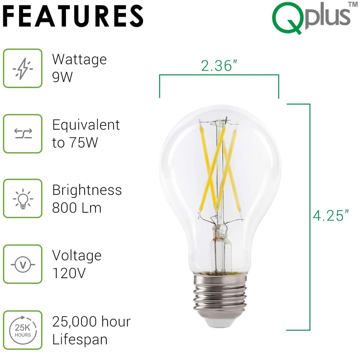 Bombilla LED de filamento con fotocélula QPlus A19, 9 W, 800 lm, 1 CCT (3000 K/5000 K), no regulable, sensor de atardecer a amanecer, certificación Energy Star, certificación UL, 3 años de garantía