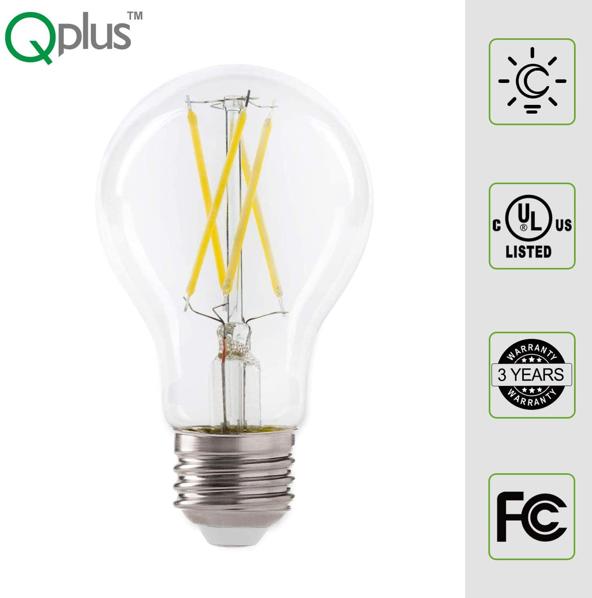 Bombilla LED de filamento con fotocélula QPlus A19, 9 W, 800 lm, 1 CCT (3000 K/5000 K), no regulable, sensor de atardecer a amanecer, certificación Energy Star, certificación UL, 3 años de garantía