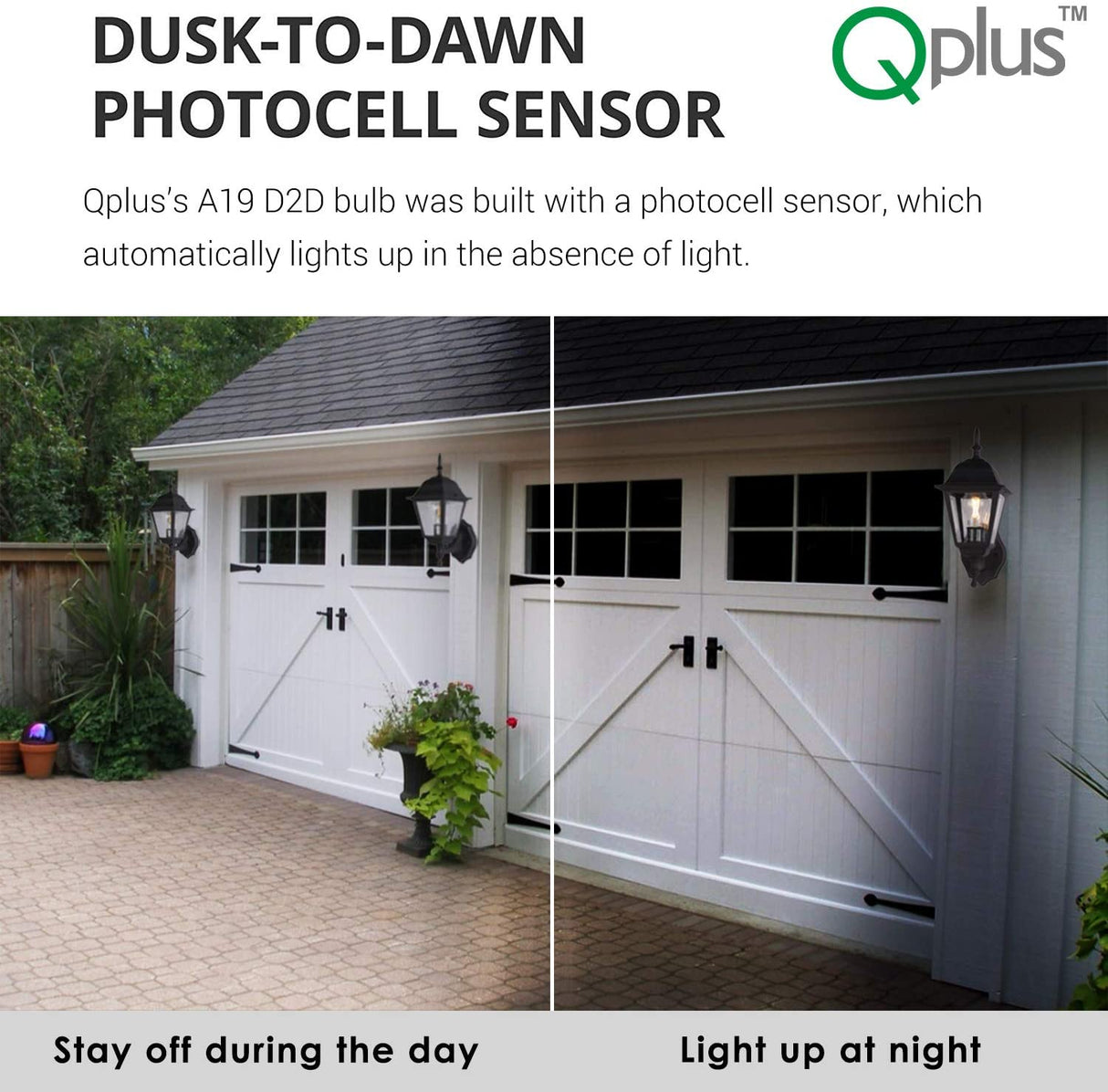 Bombilla LED de filamento con fotocélula QPlus A19, 9 W, 800 lm, 1 CCT (3000 K/5000 K), no regulable, sensor de atardecer a amanecer, certificación Energy Star, certificación UL, 3 años de garantía