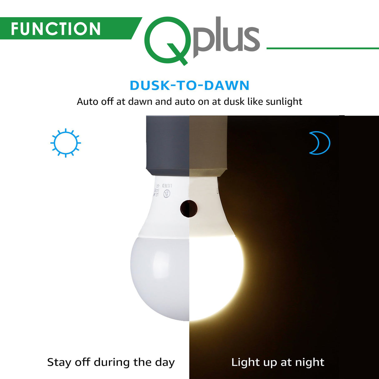 Bombilla LED con fotocélula QPlus A19, 10 W, 750 lm, 1 CCT (3000 K/4000 K/5000 K), no regulable, sensor de atardecer a amanecer, base de tornillo medio E26, certificación Energy Star, certificación UL, 3 años de garantía