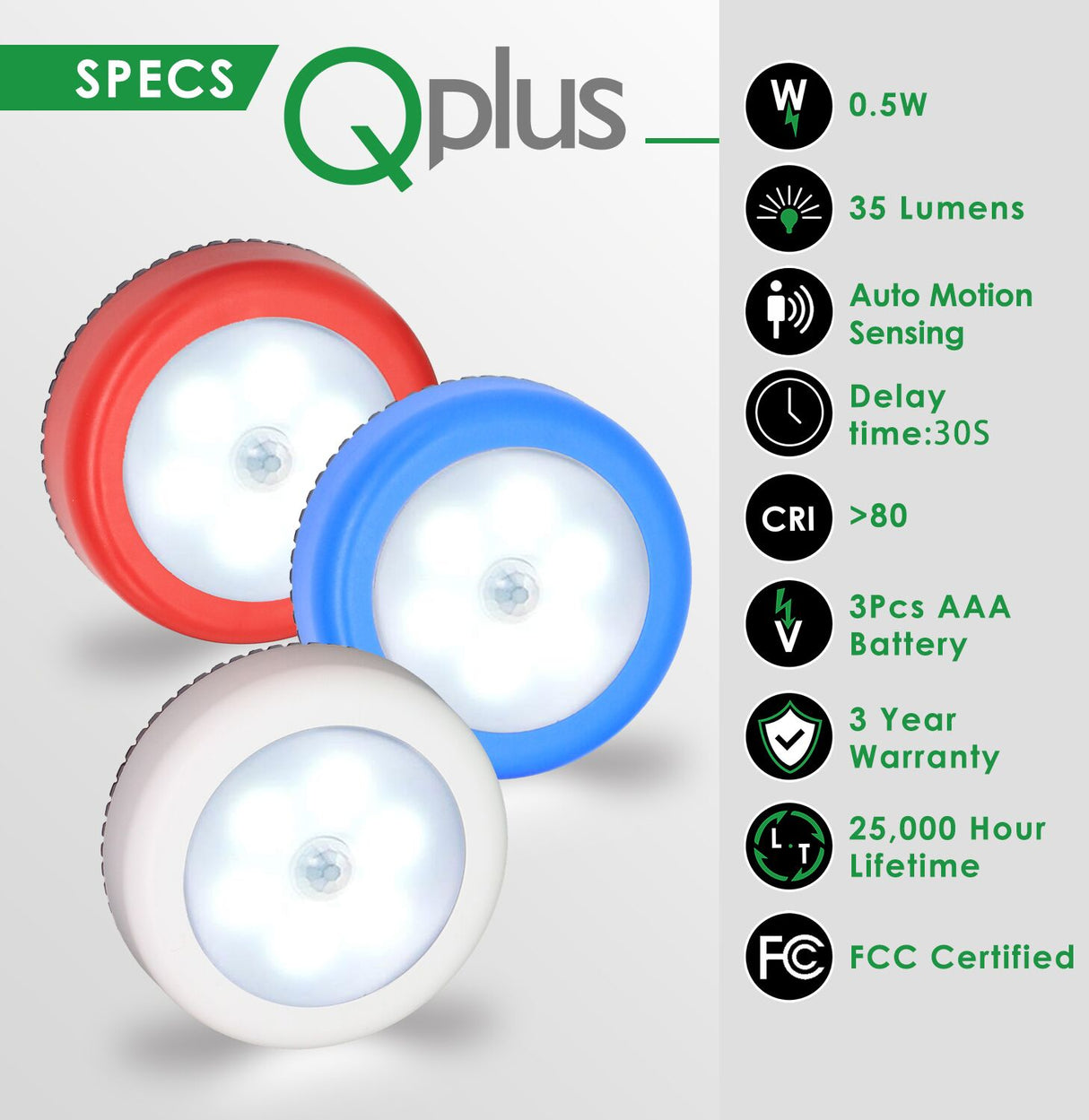 QPlus Motion Sensor Wireless Night Lights - Battery Powered 4000K