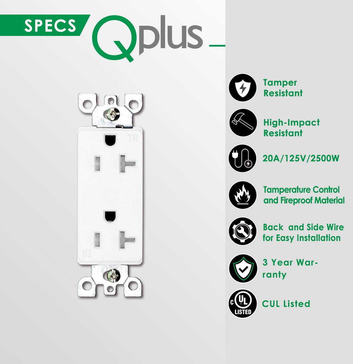 Tamper Resistant, High Impact Resistant, Fireproof Material, Back and Side Wire, CUL Listed