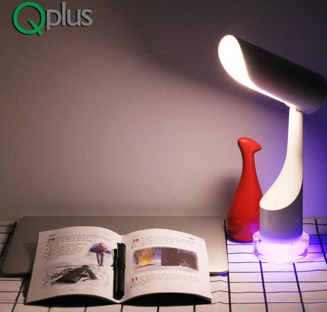 Lámpara de mesa cilíndrica recargable QPlus para sala de estudio - 2 modos de color y base de luz colorida