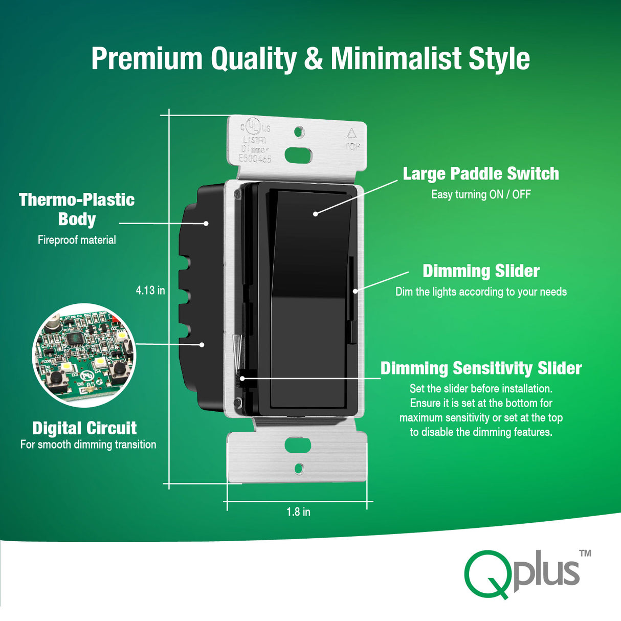 QPlus Premium Regulador de intensidad de 3 vías de segunda generación con placa de tornillo - Certificado cUL y FCC (circuito digital) - Negro 