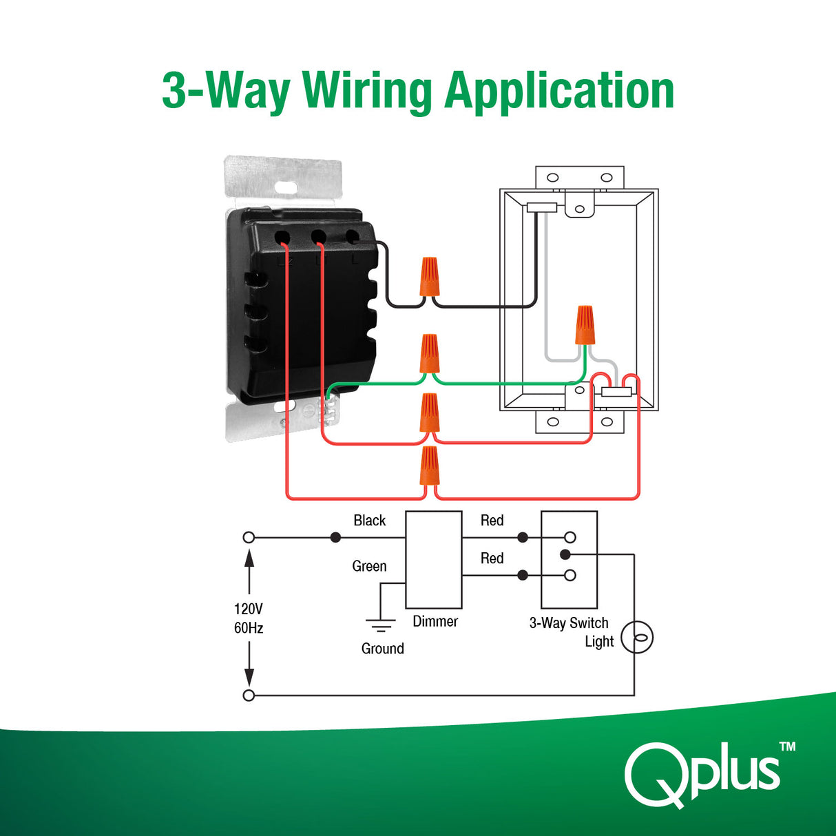 QPlus Premium Regulador de intensidad de 3 vías de segunda generación con placa de tornillo - Certificado cUL y FCC (circuito digital) - Negro 